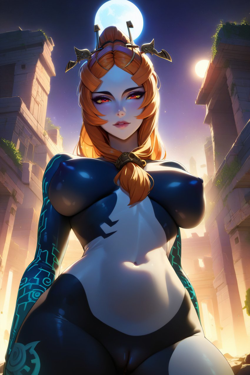 1girls ai_generated breasts female female_only hi_res looking_at_viewer looking_down midna navel nipples nude orange_hair pussy red_eyes solo the_legend_of_zelda twili_midna twilight_princess yellow_sclera