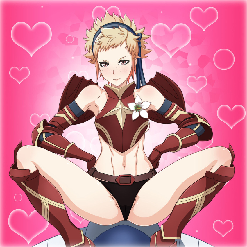 1girls bare_legs bare_midriff black_panties blonde_hair brown_eyes female_only fire_emblem fire_emblem_fates freckles heart looking_at_viewer nintendo panties pink_background scarlet_(fire_emblem) short_hair solo squatting yuki_(12cut)