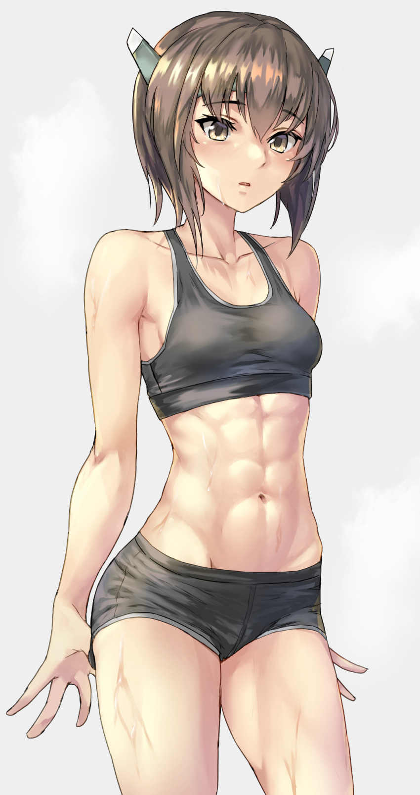 abs brown_eyes brown_hair female_only headband headgear kantai_collection kokuzou looking_at_viewer muscular_female navel short_hair short_shorts small_breasts solo sports_bra steam sweat taihou_(kantai_collection) tight_clothing toned_female