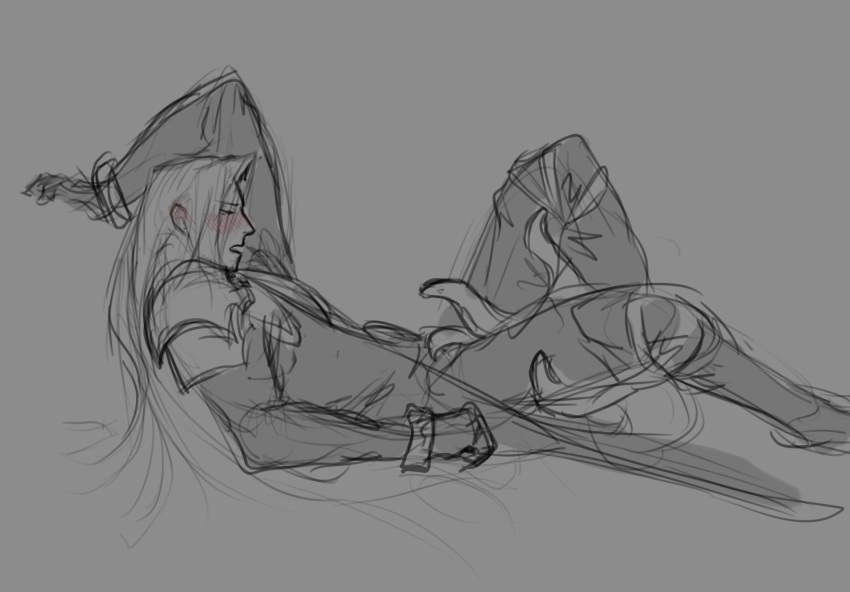 1boy alien blush clothed final_fantasy final_fantasy_vii frnbenises fully_clothed grey_background greyscale half-closed_eyes imminent_anal imminent_sex laying_on_back long_hair male male_only on_back open_mouth sephiroth sketch square_enix tagme tentacle tentacle_on_male