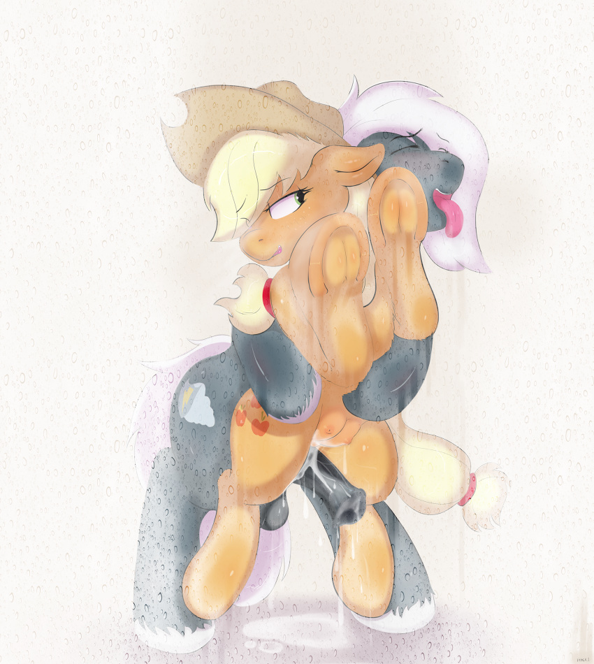 applejack_(mlp) balls blonde_hair bodily_fluids clothing crotchboobs digital_media_(artwork) duo earth_pony equid equine female feral friendship_is_magic genitals hair hasbro hat headgear headwear hi_res horse index_3 male male/female mammal my_little_pony nipples nude open_mouth penis pony pussy simple_background tail tempest_streamrider_(oc) tongue