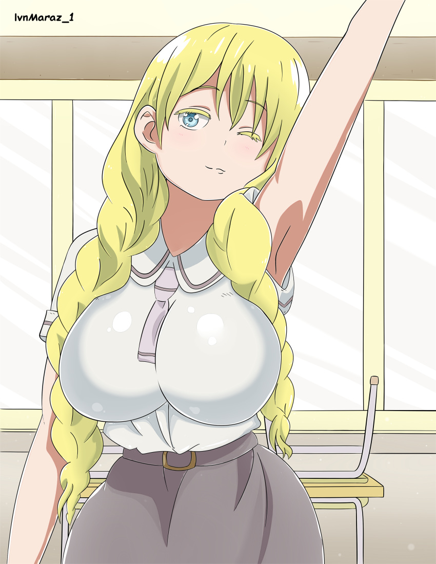 1girls armpits asobi_asobase big_ass big_breasts big_butt blonde_hair blue_eyes breasts clothing female female_only hi_res high_resolution highres huge_breasts ivnmaraz_1 light-skinned_female light_skin olivia_(asobi_asobase) school_uniform small_waist thin_waist uniform voluptuous white_skin wide_hips