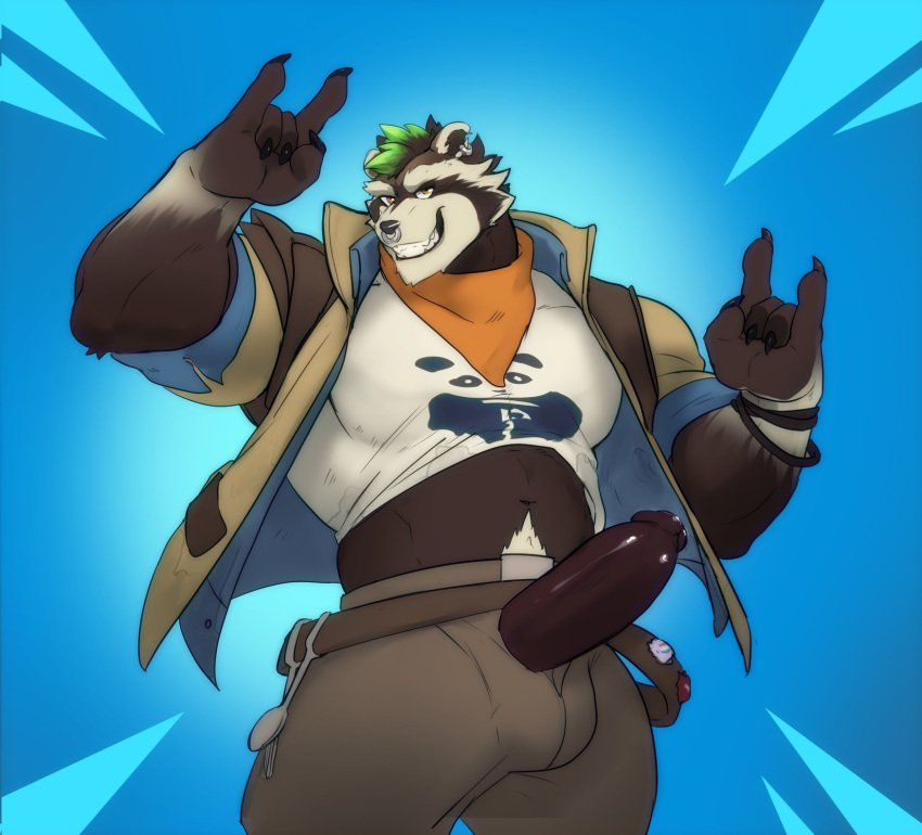 1boy anthro bodily_fluids body_hair bottomwear clothed clothing clothing_lift cum digital_media_(artwork) epic_games facial_piercing fortnite fur genital_fluids genitals gesture green_hair hair hand_gesture happy_trail hi_res mafekoba male male_only mammal nose_piercing pants penis piercing procyonid raccoon rufus_(fortnite) septum_piercing smile smiling_at_viewer smirk smirking_at_viewer solo solo_male