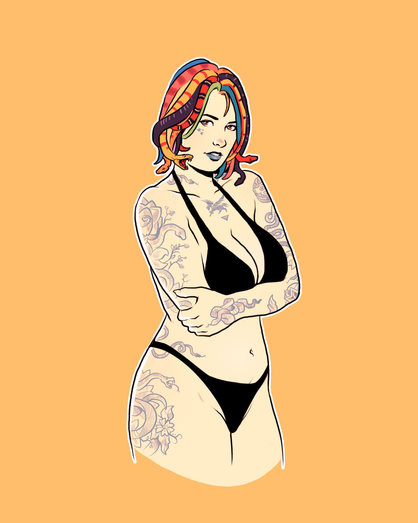 1girls alexis_(numitor) bra cleavage female gorgon multicolored_hair numitor orange_eyes panties snake snake_hair solo tattoo