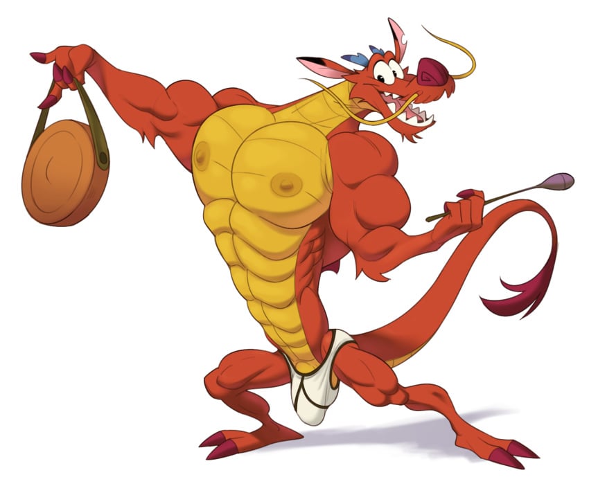 1boy analon_(artist) anthro bulge clothed clothing disney dragon eastern_dragon gong hi_res male male_only mulan mulan_(1998) muscular mushu musical_instrument mythological_creature mythological_scalie mythology pecs percussion_instrument scalie solo toomanyboners underwear underwear_only white_background white_underwear