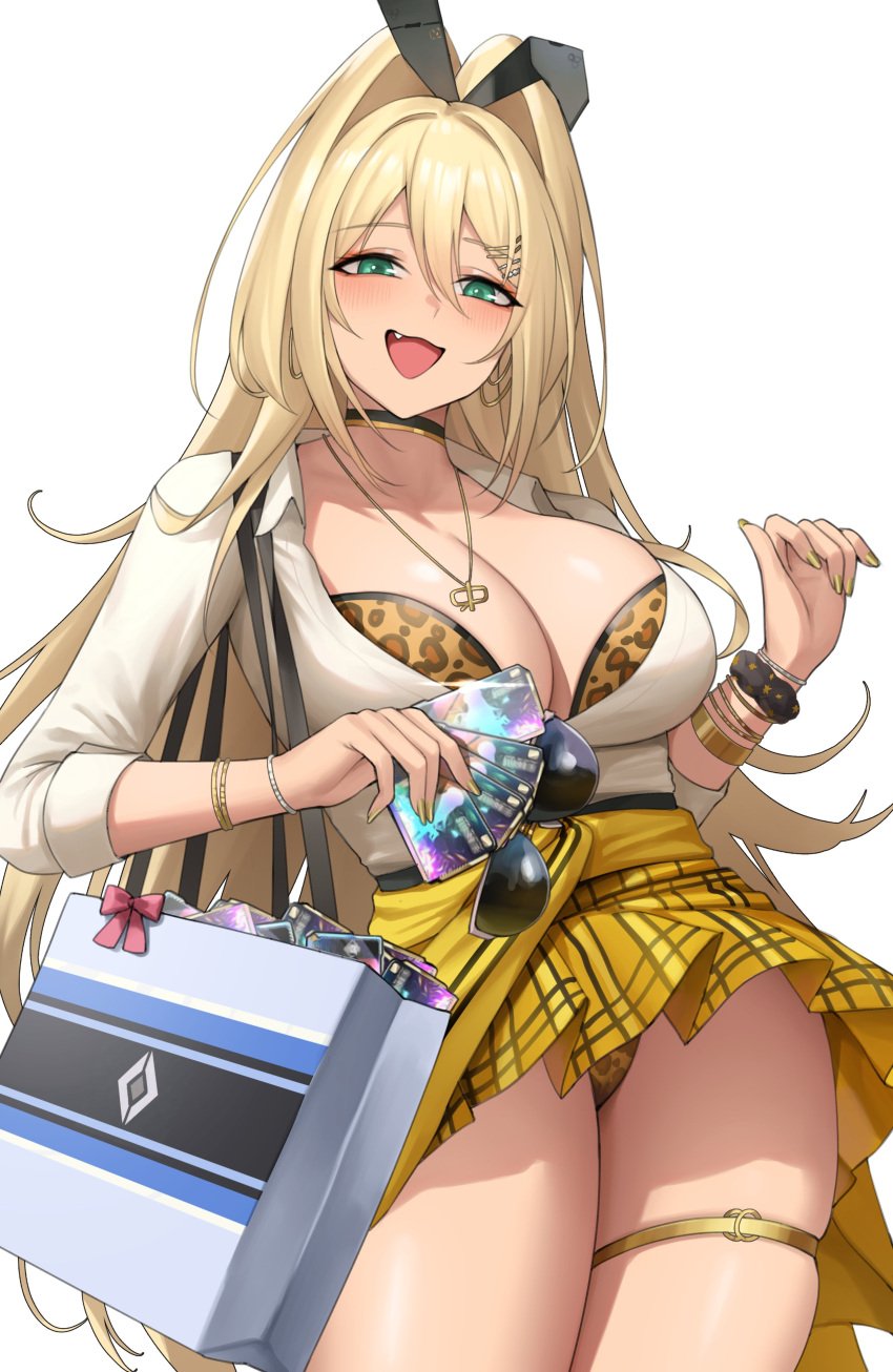 1girl 1girls absurdres amesuku_gyaru animal_print bag bikini bikini_under_clothes blonde_hair blush bow bra bracelet breasts choker cleavage commentary_request credit_card curvy cute_fang dark_skin earrings eyewear_hang fang female goddess_of_victory:_nikke green_eyes gyaru hair_bow highres hoop_earrings huge_breasts jewelry kogal kurone_rinka kuronerinka large_breasts leopard_print long_hair massive_breasts multiple_bracelets open_mouth panties rupee_(nikke) shopping_bag short_skirt simple_background skirt smile solo standing sunglasses swimsuit tan tanned_skin thick_thighs thigh_strap thighs unworn_eyewear upskirt white_background yellow_skirt