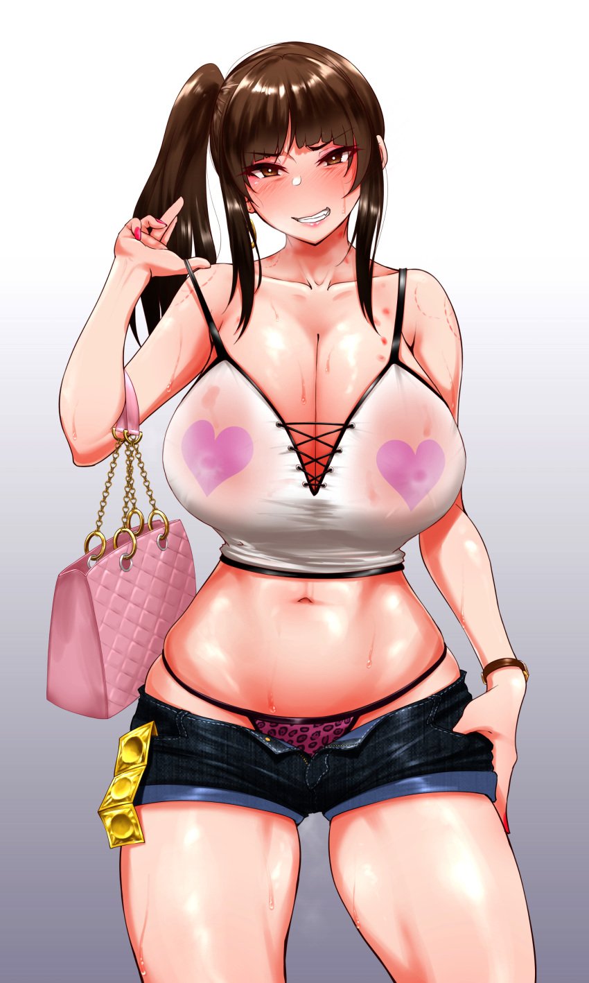 1girls awkward_smile bangs bimbo bite_mark bite_mark_on_shoulder blunt_bangs breasts_bigger_than_head brown_eyes brown_hair cleavage condom_packet_strip crop_top curvaceous curves earrings female female_only girls_und_panzer gradient_background gyaru huge_breasts human leopard_print_panties looking_at_viewer mature mature_female milf navel nishizumi_shiho panties pasties pink_nails purse rasson see-through_top short_shorts shorts side_ponytail solo solo_female sweat unbuttoned_shorts