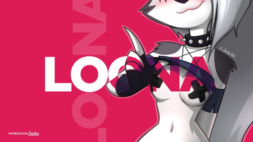 16:9 2021 4k absurd_res anthro breast_shot breasts canid canid_demon character_name clothed clothing clothing_lift collar countershading demon female flashing fur grey_body grey_fur grey_hair hair hellhound helluva_boss hi_res jizoku loona_(helluva_boss) mammal nipple_tape pasties pink_background shirt shirt_lift simple_background smile solo spiked_collar spikes tape text topwear url wallpaper white_body white_countershading widescreen