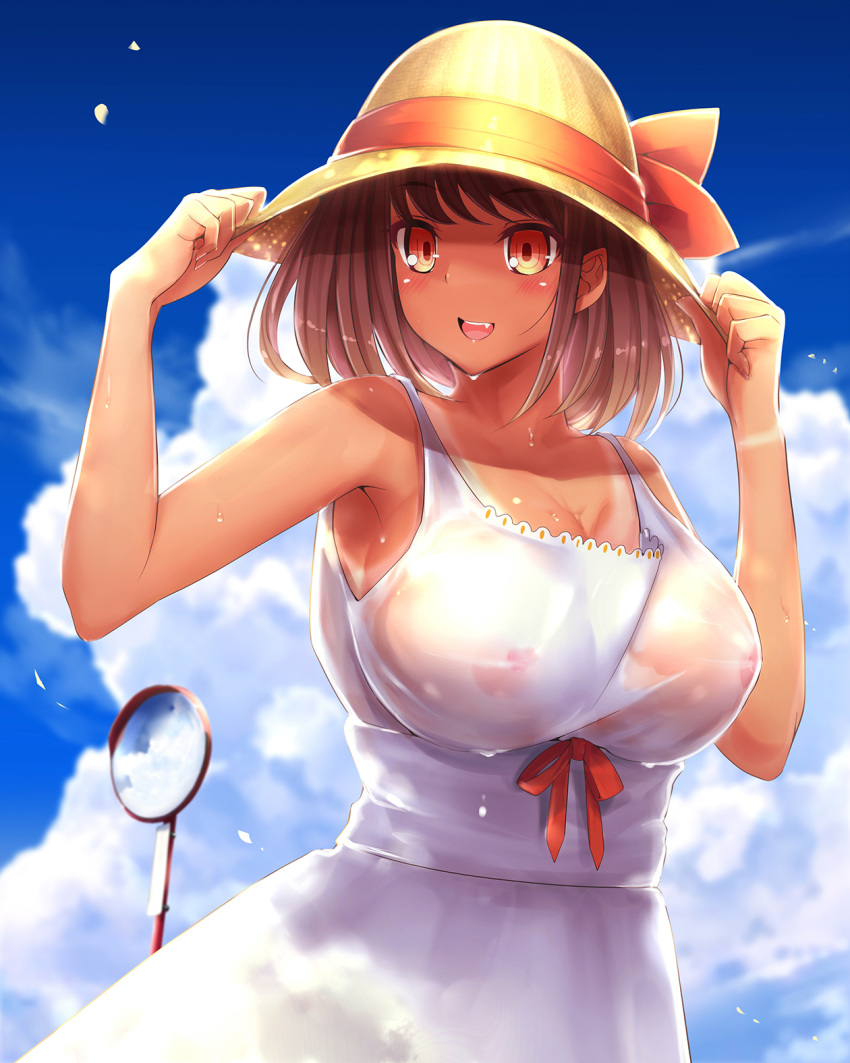 :d armpits arms_up bare_shoulders blue_sky bow breasts brown_hair brown_headwear cleavage cloud collarbone commentary_request covered_nipples cowboy_shot dark-skinned_female dark_skin day dress female hands_on_headwear hat hat_bow highres himegumo large_breasts mirror nipples no_bra open_mouth original outdoors photoshop_(medium) pole red_bow red_eyes see-through short_hair sky sleeveless sleeveless_dress smile solo summer sun_hat sundress tan wet wet_clothes wet_dress