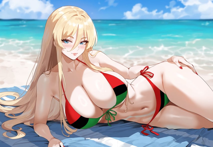 1girls ai_generated azur_lane beach beach_towel big_breasts bikini bismarck_(azur_lane) blonde_hair blue_eyes blush female female_only gooner4lt iron_blood_(azur_lane) light-skinned_female light_skin pan-african_flag pan-african_flag_bikini solo