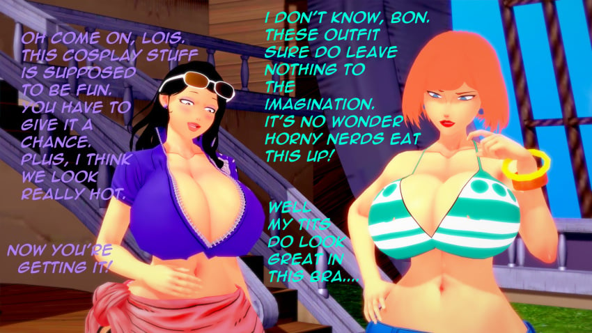 20th_century_fox 20th_century_studios 2girls 3d 3d_(artwork) bonnie_swanson breasts busty chara_studio curvy english_text family_guy female female_only gigantic_breasts huge_breasts koikatsu koikatsu_(medium) lois_griffin milf nami_(one_piece)_(cosplay) nico_robin_(cosplay) off_model one_piece text