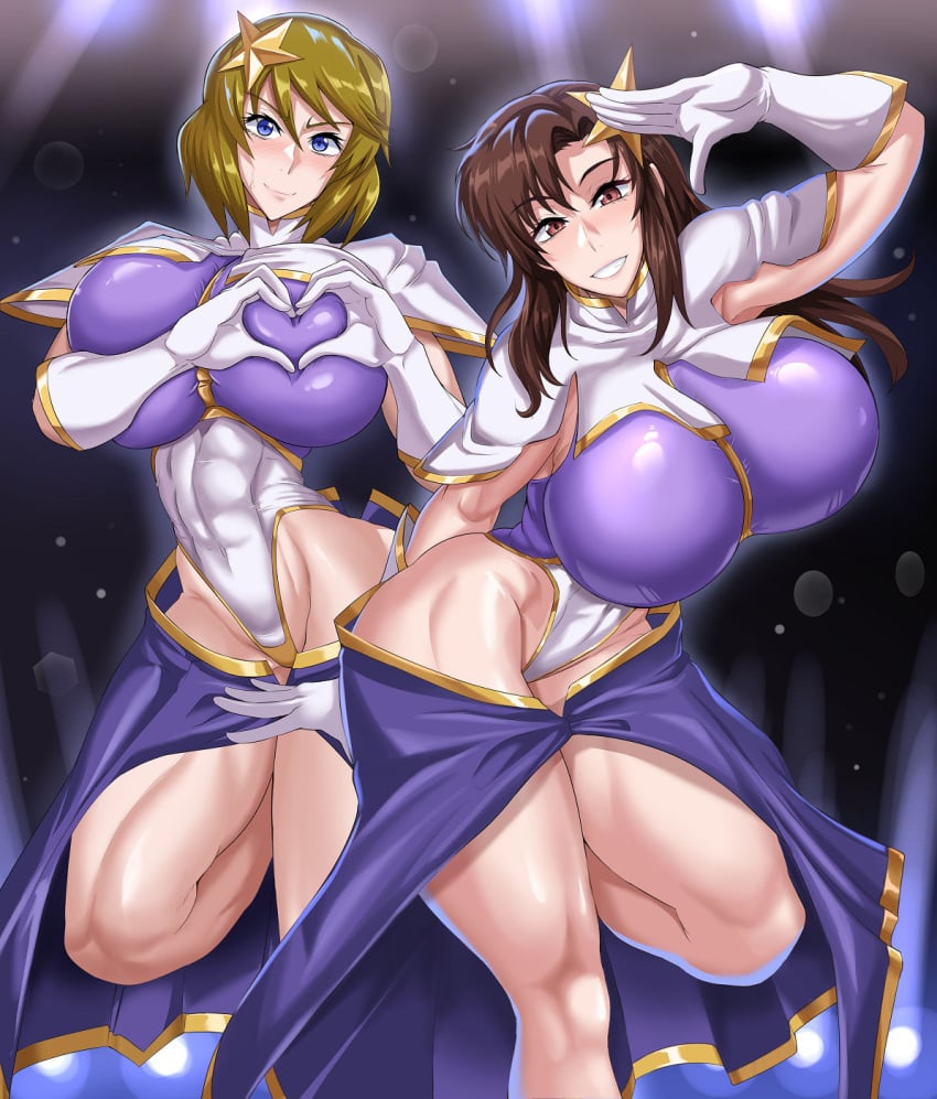 ass ass_up big_breasts big_butt black_background black_eyelashes blonde_eyebrows blonde_hair blue_eyes blush breasts brown_eyebrows brown_eyes brown_hair female_only full_body full_color gundam gundam_seed gundam_seed_destiny heart_hands huge_boobs huge_breasts jet_puri looking_at_viewer meer_campbell_(cosplay) murrue_ramius muscular muscular_male neckwear open_hands purple_clothing purple_skirt sharp_eyelashes simple_background skirt smile smiling smiling_at_viewer star star_hair_ornament stars stars_in_hair sweat sweatdrop sweating talia_gladys thick_ass thick_legs thick_thighs white_body white_clothing white_skin white_skinned_female