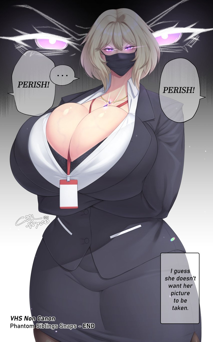 1girls 2024 2d 2d_(artwork) arms_crossed big_breasts big_thighs blonde_hair breasts cleavage cleavage_window coolpsyco106 dialogue dress english english_text facemask female female_focus female_only glowing_eyes hi_res highres hips huge_breasts large_breasts large_thighs light-skinned_female light_skin mask necklace office_clothing office_lady original original_character purple_eyes rosalie_(coolpsyco106) skindentation solo solo_female solo_focus stockings thick_thighs thighs wide_hips