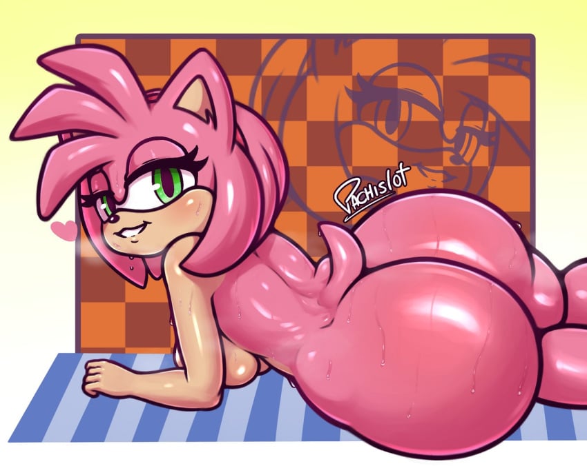 2023 amy_rose ass big_ass breasts fat_ass female female_focus female_only green_eyes heart laying_down laying_on_side laying_on_towel looking_at_viewer pachislot pink_body pink_fur pink_hair sega short_hair sonic_(series) sonic_the_hedgehog_(series) tan_body tan_skin thick_thighs thighs wide_hips