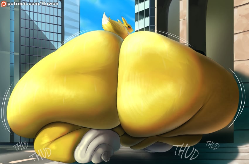 2024 absurd_res anthro ass bandai_namco big_butt blush bottom_heavy city digimon digimon_(species) fat_legs fat_rolls hi_res huge_butt huge_thighs huwon hyper hyper_butt hyper_thighs looking_back renamon solo sound_effects thick_thighs thud walking