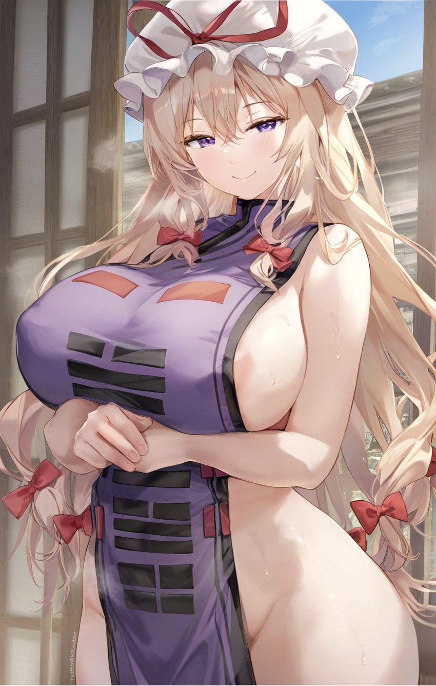 ai_generated areola_slip blonde_hair blush bow breasts cowboy_shot dress female hair_between_eyes hairbow hat hat_ribbon highres huge_breasts indoors long_hair looking_at_viewer mob_cap naked_tabard purple_eyes rainot red_bow red_ribbon ribbon sidelocks smile solo sweat tabard thighs touhou very_long_hair wide_hips yakumo_yukari yukari_yakumo