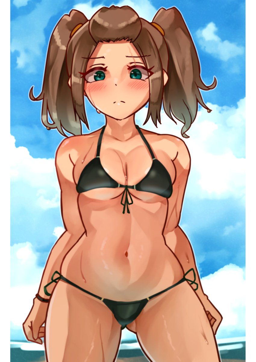 belly_button bikini bikini_bottom bikini_top blush breasts brown_hair female female_only green_eyes looking_at_viewer monolith_soft navel nintendo oniisan02b shania_(xenoblade) small_breasts solo solo_female swimsuit twintails two_piece_swimsuit xenoblade_(series) xenoblade_chronicles_3