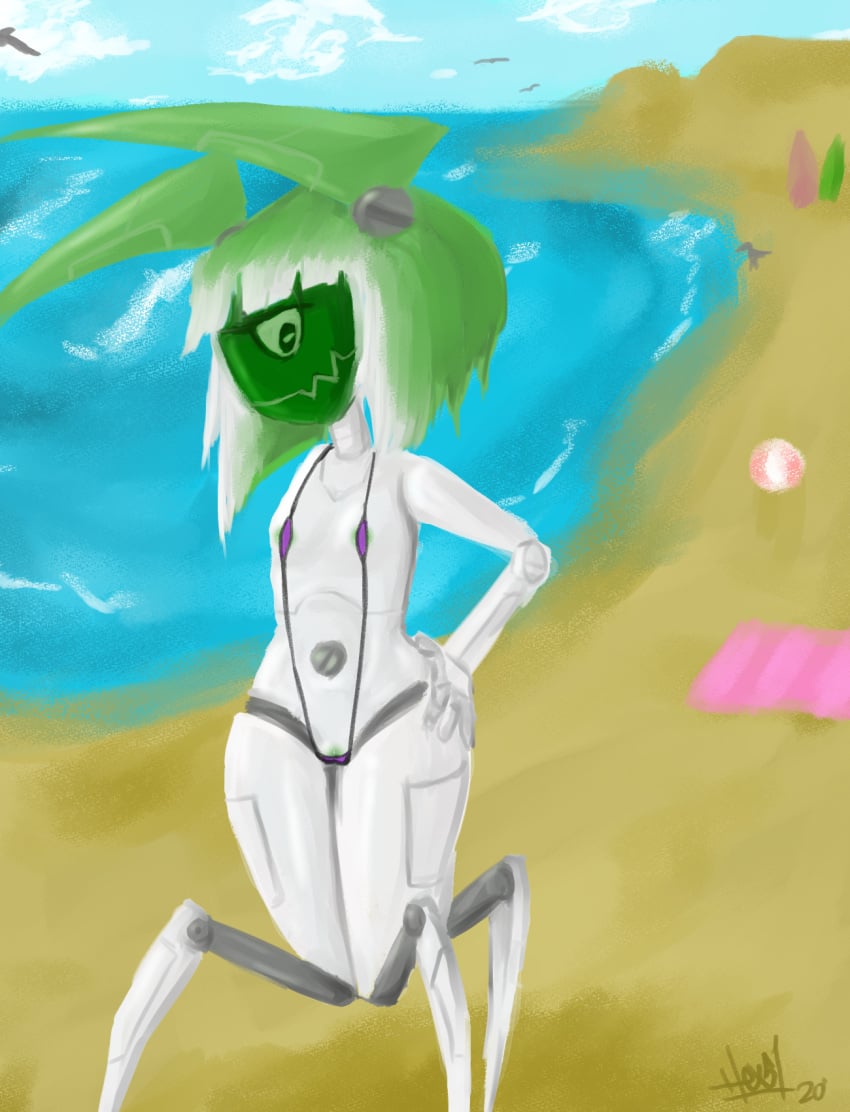 beach breasts female green_hair green_nipples green_pussy gynoid hand_on_hip hex51 micro_bikini my_life_as_a_teenage_robot nickelodeon nipples one_eye pussy robot robot_girl small_breasts smooth_skin tv_head twintails vagina xj-6