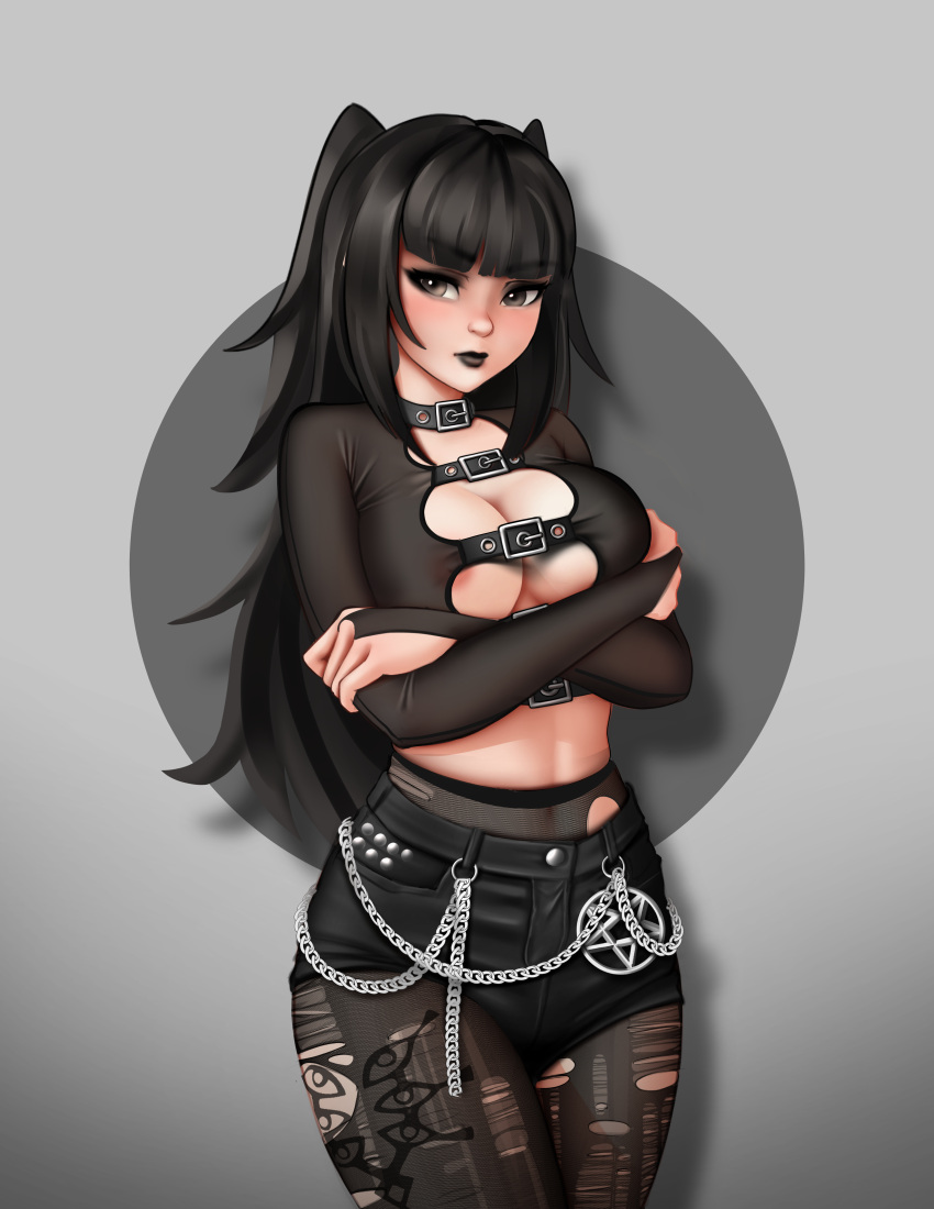 bangs black_hair black_lipstick blunt_bangs brand_of_the_defile chains choker cleavage clothed fire_emblem fire_emblem_awakening goth goth_girl jackary_draws lipstick long_hair nintendo nipples pentagram shorts tattoo tattoo_on_legs tattoos tharja_(fire_emblem) thighs