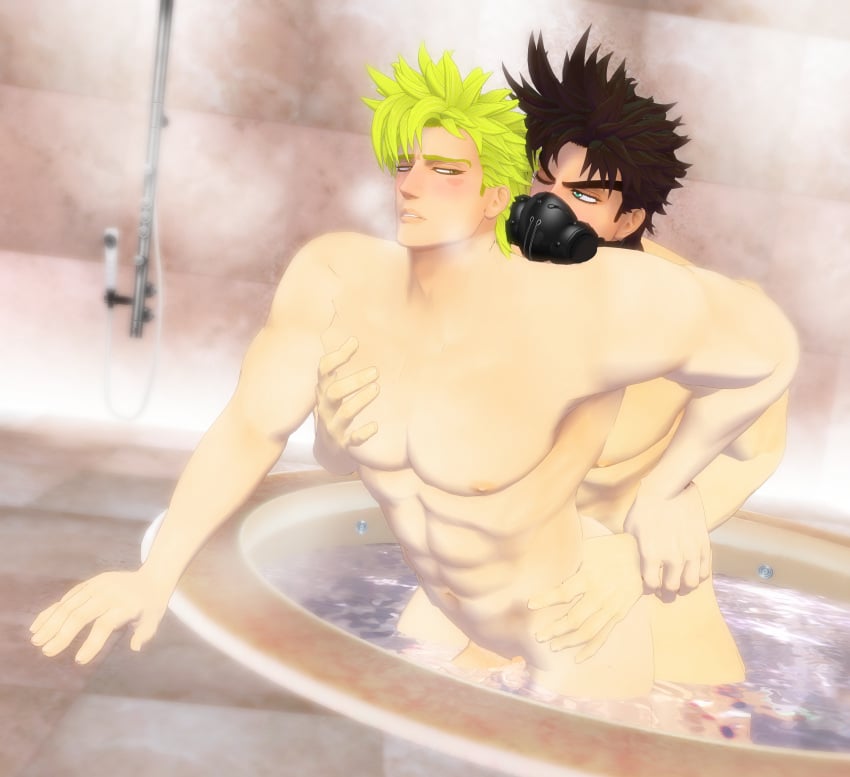 14_dicks 2boys 3d_(artwork) anal bathroom bathroom_sex bathtub battle_tendency blonde_hair blue_eyes blush blushing brown_hair caesar_zeppeli completely_nude face_mask facial_markings gay grabbing_arm grabbing_chest grabbing_from_behind grabbing_hips green_eyes jojo's_bizarre_adventure joseph_joestar male male/male male_nipples male_only male_penetrated male_penetrating male_penetrating_male muscular_male nude nude_male one_eye_closed pecs pectorals penetration uncensored yaoi