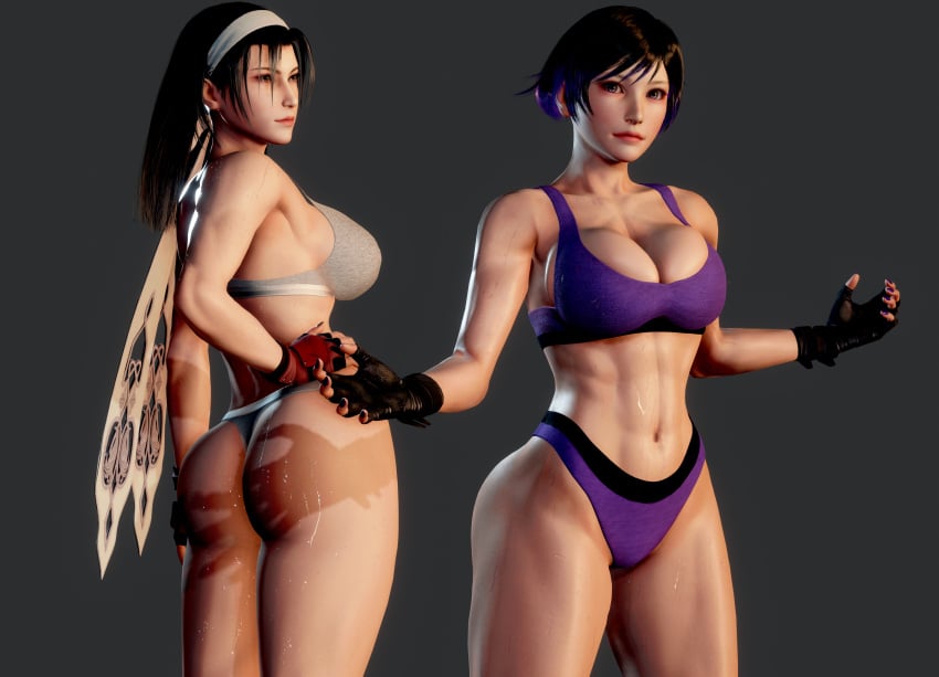 2girls 3d ass big_breasts black_and_purple_hair black_hair brown_eyes cleavage dat_ass female female_only kazama_jun namco purple_eyes reina_mishima tekken tekken_2 tekken_8 tekken_tag_tournament tekken_tag_tournament_2 underwear