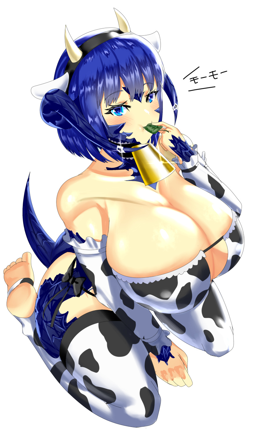 au_ra big_breasts blue_eyes blue_hair breast cow_ears cow_girl cow_horns cow_print detective_nanama eyepatch_bikini final_fantasy final_fantasy_xiv horns leaf leaf_in_mouth looking_at_viewer looking_up milf nanama_kha nanamaxiv scales short_hair sitting sitting_on_floor sitting_on_knees tail xaela