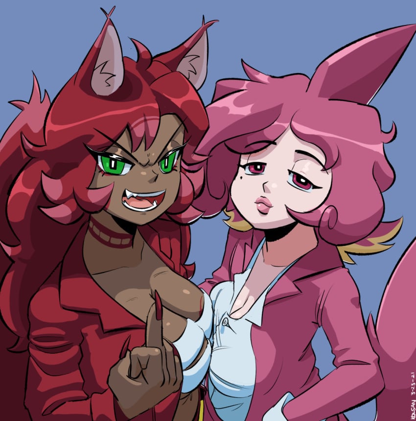 2girls beauty_mark cat_ears cat_tail catgirl cleavage curly_hair dark-skinned_female dark_skin green_eyes hair_highlights kolsan long_hair long_hair_female middle_finger oc original_character pink_hair pink_lipstick red_eyes red_hair red_nails shark_fin shark_girl shark_tail short_hair suit_jacket