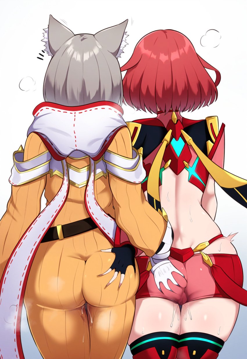 2girls ai_generated ass_grab curvy deep_skin female female/female female_focus female_only from_behind girls girls_only grabbing_another's_ass groping hand_on_another's_ass head_back jumpsuit lesbian motion_lines mutual_ass_grab nia nia_(xenoblade) notice_lines novelai nsfw pussy_juice pyra pyra_(xenoblade) red_legwear red_shorts ribbed_jumpsuit robofun side-by-side standing steaming_body thick xenoblade_(series) xenoblade_chronicles_2 yuri