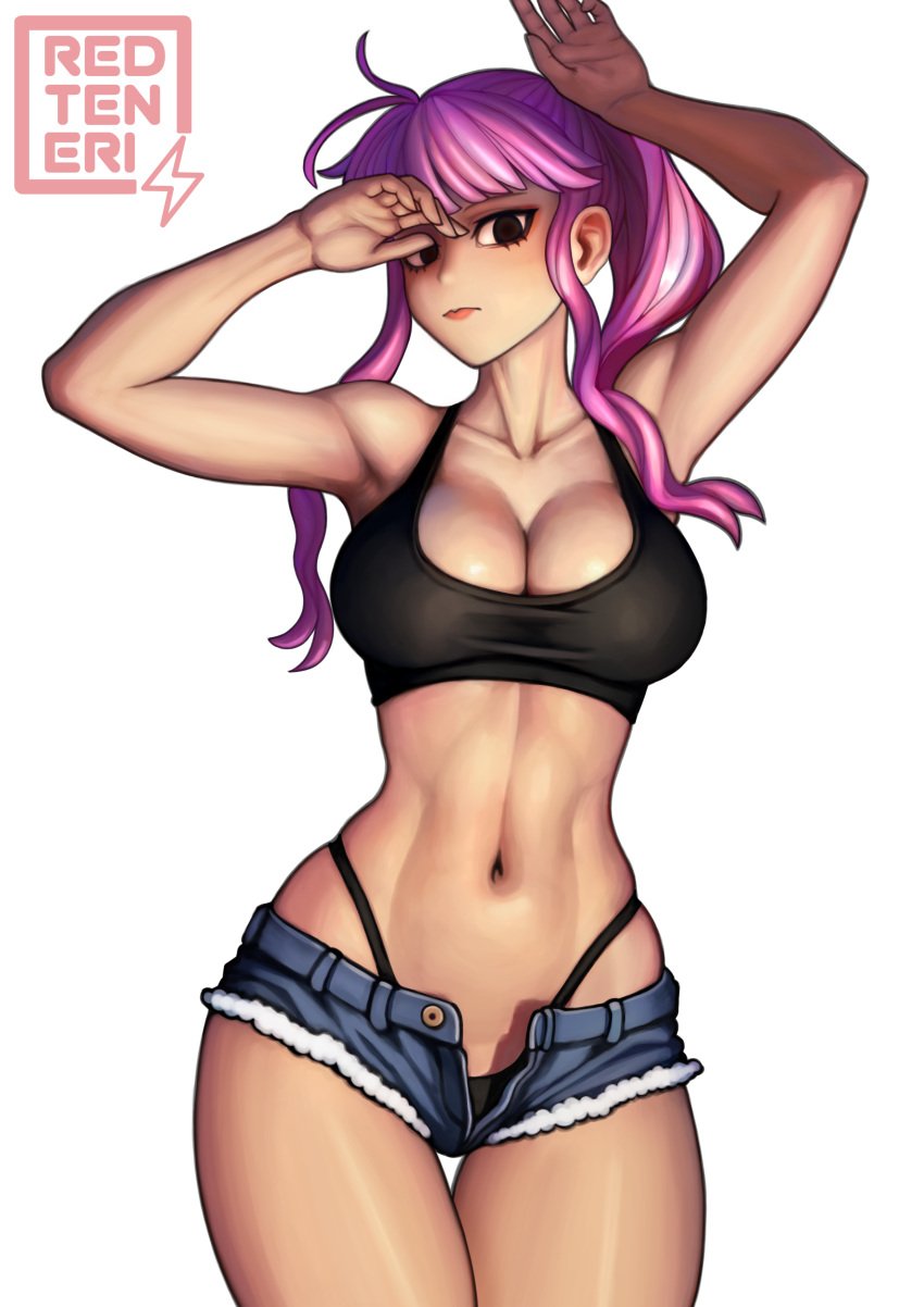 1girls belly_button big_breasts black_eyes booty_shorts breasts busty cleavage curvy female female_only long_hair midriff navel on_back one_piece perona pink_hair pose redteneri sensual short_shorts shorts solo sports_bra thong thong_above_shorts toned toned_female toned_stomach twintails unbuttoned unbuttoned_shorts white_background wide_hips