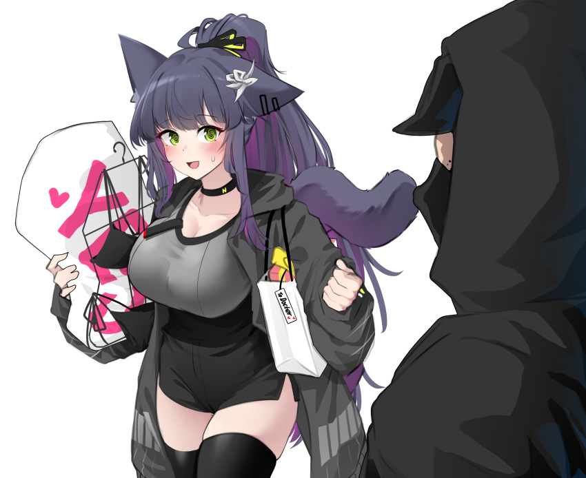 1boy 1girls animal_ears animal_tail arknights black_hair cat_ears cat_tail catgirl doctor_(arknights) female_focus green_eyes holding holding_object jacket jacket_open jessica_(arknights) k0ng large_breasts light-skinned_female light_skin long_hair looking_at_partner male_doctor_(arknights) pillow tagme thick_thighs thighhighs thighs tight_shorts yes-no_pillow yes_pillow