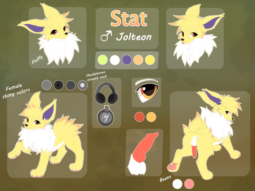 absurd_res ass black_nose blonde_hair canid canine claws color_swatch eeveelution electronics eyebrows feral flat_colors fluffy front_view fur fur_markings generation_1_pokemon hair headphones hi_res joeumbre jolteon knot lightning_bolt looking_at_viewer looking_away male mammal markings model_sheet nintendo orange_body orange_eyes orange_fur pawpads paws pokemon pokemon_(species) purple_body purple_fur rear_view simple_background solo stat_(mikunifox) symbol tailless teasing white_claws white_eyebrows yellow_body yellow_fur