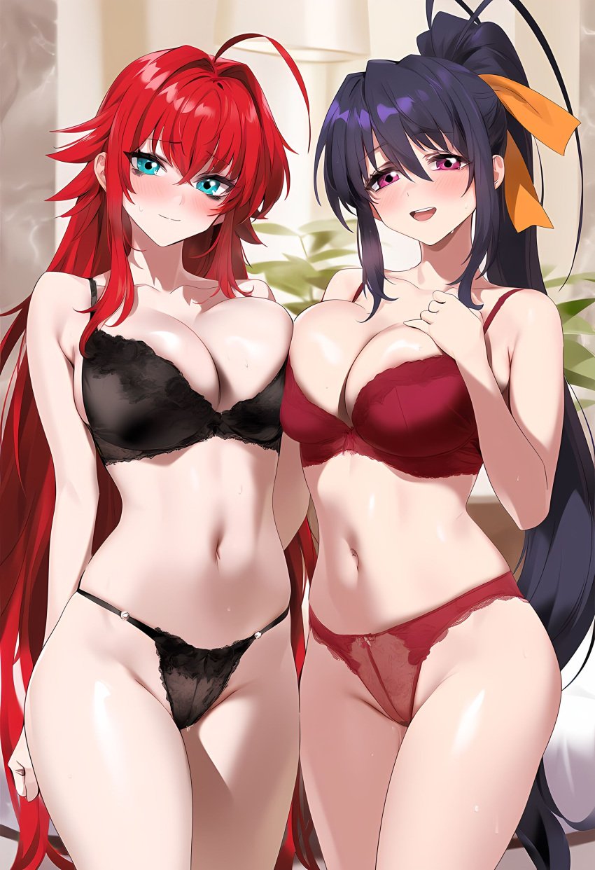 2girls ai_generated akeno_himejima big_ass bikini blushing_female breast_to_breast breasts cleft_of_venus curvy_females females_only girlfriends high_school_dxd indoors large_breasts lesbian_couple rias_gremory rias_x_akeno smile yuri