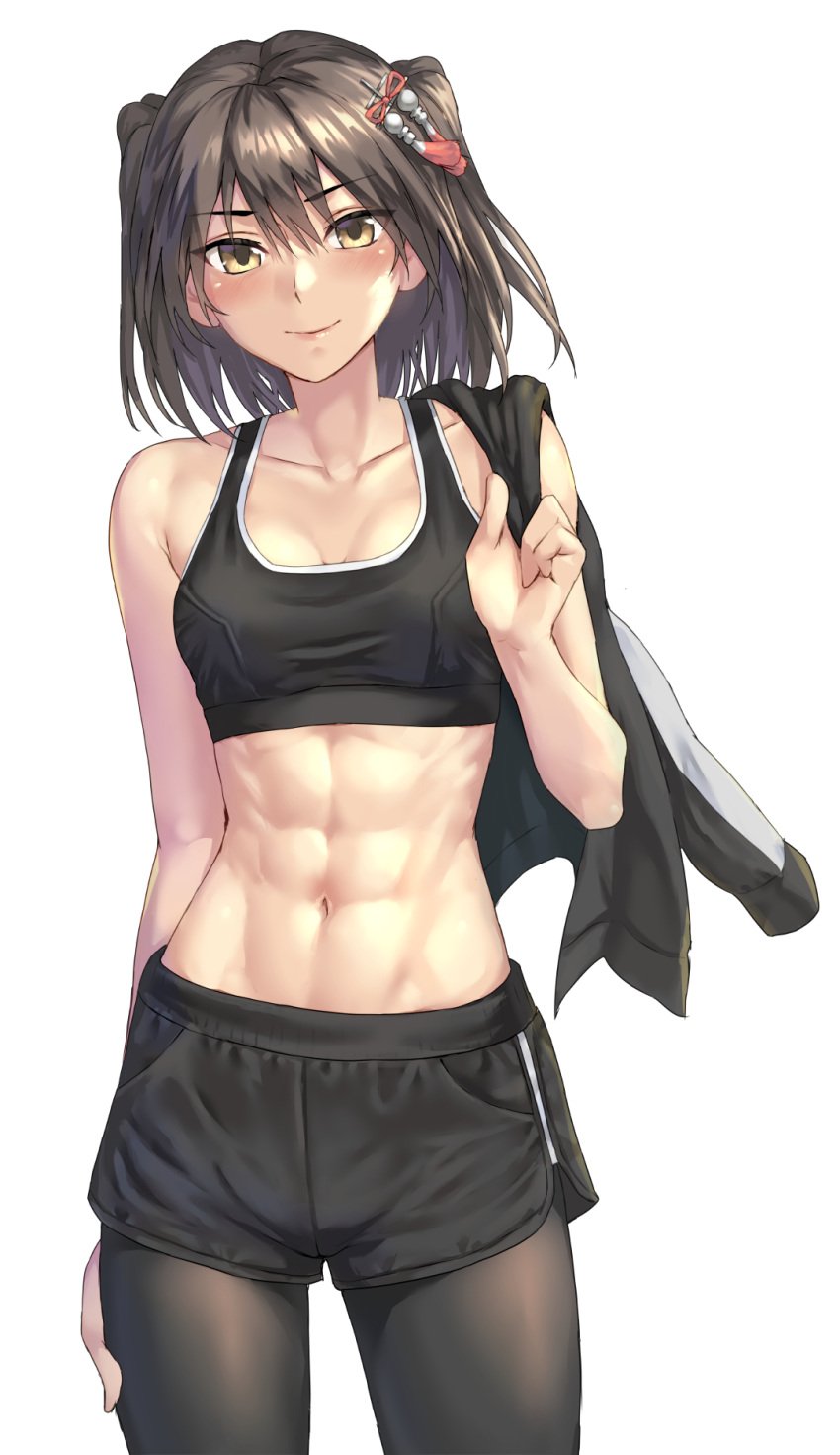 abs athletic_female athletic_wear black_legwear brown_hair female_only hair_ornament kantai_collection kokuzou leggings looking_at_viewer muscular_female navel sendai_(kantai_collection) short_hair shorts small_breasts smile solo sports_bra toned_female twintails yellow_eyes