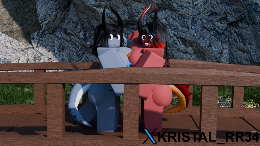 3d 4k big_ass big_breasts black_hair blue_skin dragon_girl dragon_horns dragon_tail highres horns kristal_rr34 red_skin roblox sisters