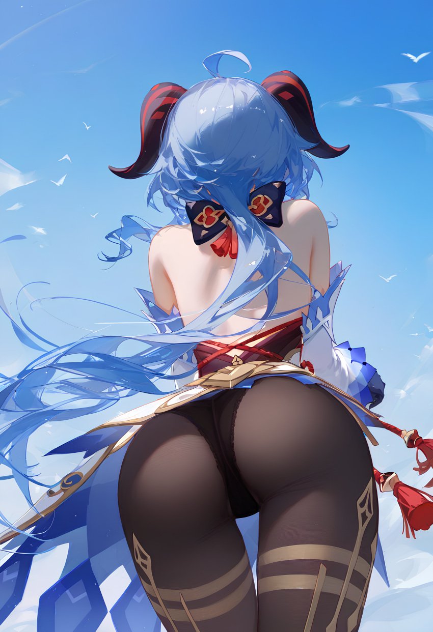 ahoge ai_generated ass ass_focus bare_shoulders blue_hair bodysuit detached_sleeves female from_behind ganyu_(genshin_impact) genshin_impact gloves goat_horns horns huge_ass koni1 leaning leaning_forward leotard long_hair pantyhose shiny shiny_clothes shiny_hair solo upskirt very_long_hair waist_cape