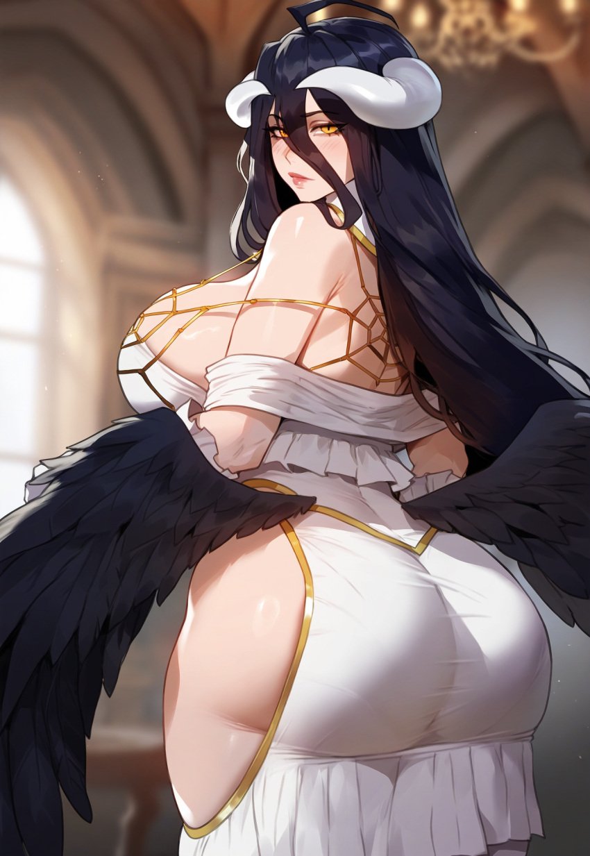 1girls ahoge ai_generated albedo_(overlord) ass ass_focus back back_view bangs bare_shoulders bedroom_eyes big_ass big_breasts big_butt black_hair black_wings blurred_background blurry_background blush busty chandelier cleavage closed_mouth clothed clothing clothing_cutout color demon dress eyebrows eyelashes feathered_wings female female_focus female_only floox frills from_behind gold_(metal) gold_jewelry hair_between_eyes half-closed_eyes hi_res hips horns indoors large_breasts light-skinned_female light_blush light_skin lips long_hair looking_at_viewer looking_back looking_over_shoulder off_shoulder orange_eyes overlord_(maruyama) plump_ass plump_thighs rear_view revealing_clothes round_ass round_butt sideboob slit_pupils solo solo_female succubus succubus_costume succubus_horns succubus_wings thiccwithaq_(ai_style) thick_ass thick_thighs viewed_from_behind voluptuous white_clothing white_dress wings yellow_eyes