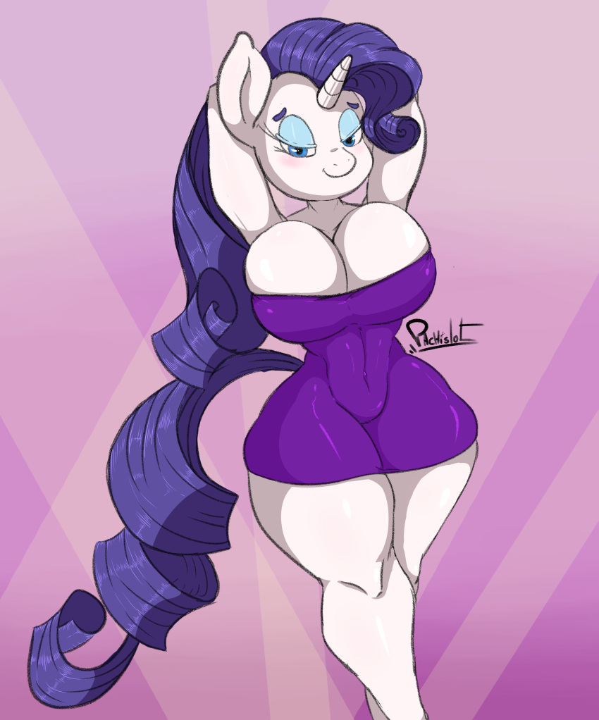 2019 arms_behind_head arms_up big_breasts big_cleavage blue_eyes blue_eyeshadow breasts cleavage dress female female_focus female_only friendship_is_magic hasbro long_hair my_little_pony pachislot purple_background purple_dress purple_hair rarity_(mlp) thick_thighs thighs white_body