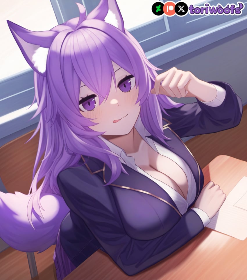 1girls ai_generated breasts classroom curvy cute desk dog_ears dog_girl doggirl female female_only highres hips huge_breasts kemonomimi light_skin light_skinned_female long_hair paper patreon_username petgirl petite purple_ears purple_eyes purple_hair purple_tail school school_uniform schoolgirl sitting skirt student thick_thighs thighs tori toriwoofs watermark wide_hips wolf_ears