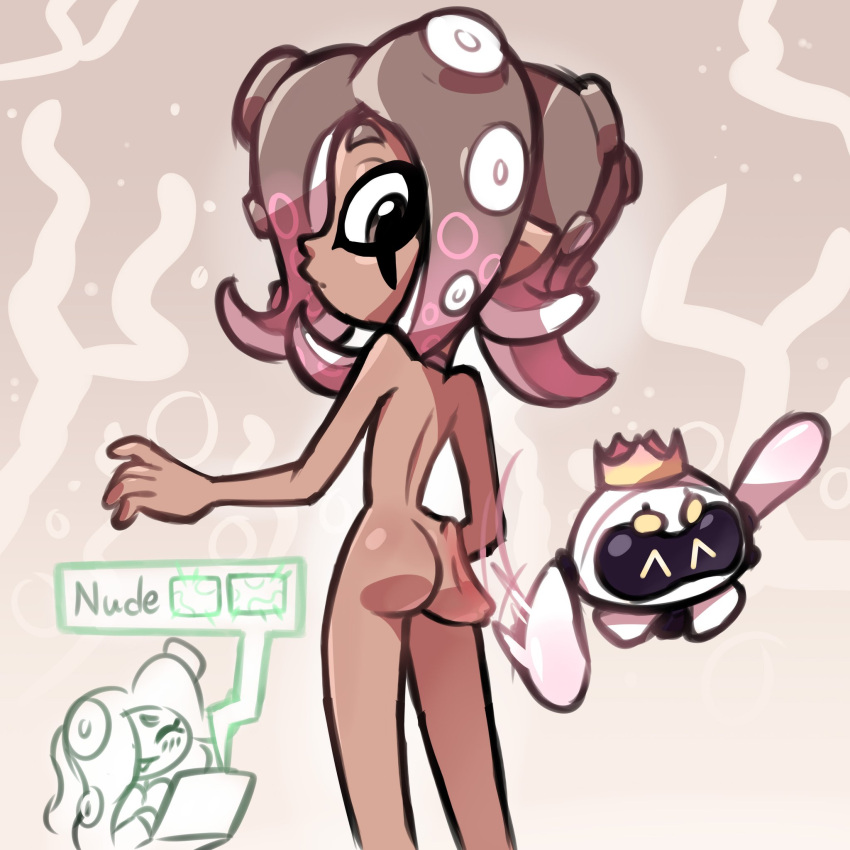 1girls agent_8_(side_order) agent_8_(splatoon) ass ass_slap dark_skin female marina_(splatoon) nude octoling pearl_(splatoon) pearl_drone_(splatoon) splatoon surprised thousandarms