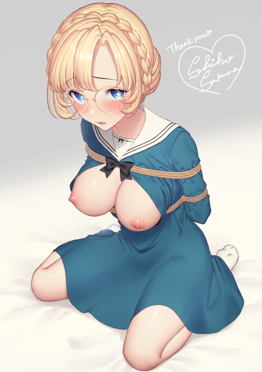 absurdres blonde_hair blue_dress blue_eyes blush bondage bound breasts breasts_out commentary_request commission dress female glasses highres looking_at_viewer medium_breasts nipples open_mouth original rope sakura_shiho simple_background sitting skeb_commission skirt socks wariza white_legwear