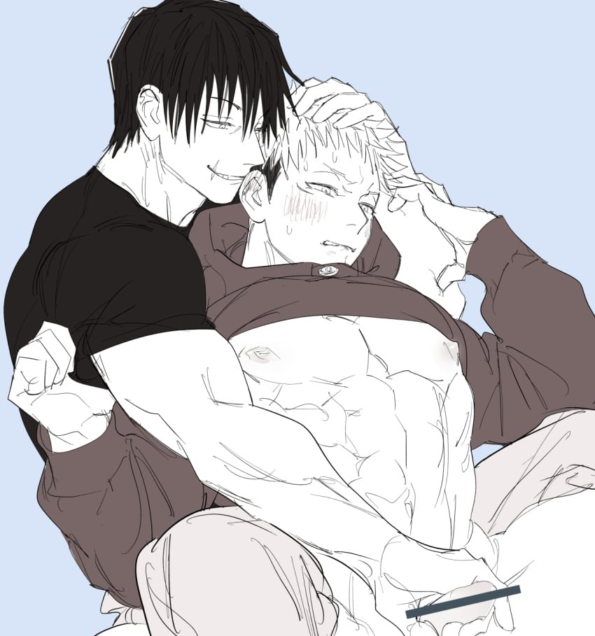 2boys abs age_difference bar_censor bara black_hair censored crotch_grab dilf gay grabbing grabbing_from_behind handjob itadori_yuuji jujutsu_kaisen large_pectorals male/male male_only muscles muscular muscular_male nipples older_male pants pants_open partially_clothed pecs pectorals reach_around reverse_grip shirt shirt_lift shirt_up smile sweater sweater_lift toji_fushiguro two_tone_hair underwear yaoi younger_male