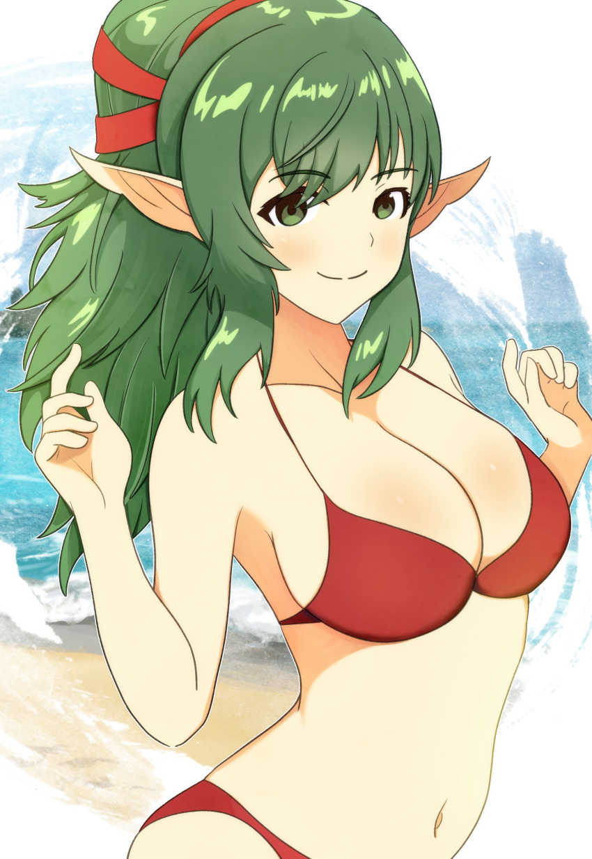 1girls alternate_costume beach bikini breasts cleavage fire_emblem fire_emblem_awakening fire_emblem_heroes green_eyes green_hair large_breasts long_hair looking_at_viewer nintendo ocean orbiculare pointy_ears ponytail red_bikini red_swimsuit sand smile solo source_larger swimsuit tiki_(adult)_(fire_emblem) tiki_(adult)_(summer)_(fire_emblem) tiki_(fire_emblem) upper_body