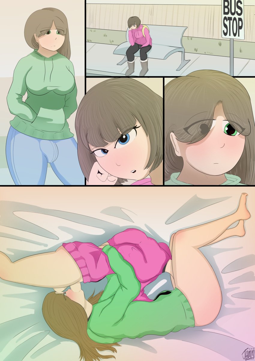 2futas 69 69_position backpack balls balls_on_face big_penis black_leggings blue_eyes boots bottomless breasts brown_hair bulge clothed clothing comic_page detailed_background duo fellatio fully_clothed futa_only futanari green_eyes hands_in_pockets hoodie human image jacket jammpakked jeans laying_down legs_over_head light-skinned_futanari long_hair looking_at_another looking_at_viewer oral outside pale_skin partially_clothed sex sitting staring story