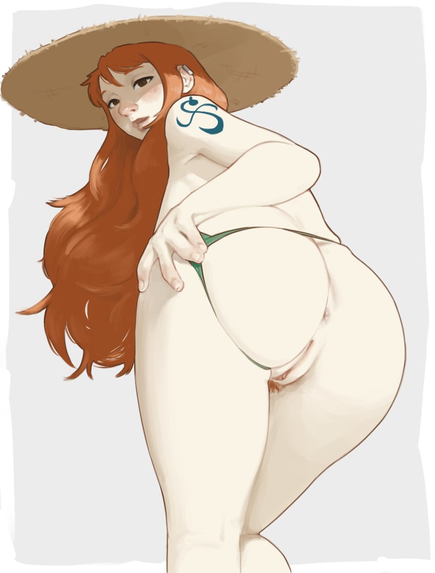 1girls anus anus_peek ass clitoris drewnn female female_only female_pubic_hair from_behind hat long_hair nami nami_(one_piece) one_piece orange_hair panties_aside post-timeskip pubic_hair pussy solo straw_hat tattoo visible_pussy