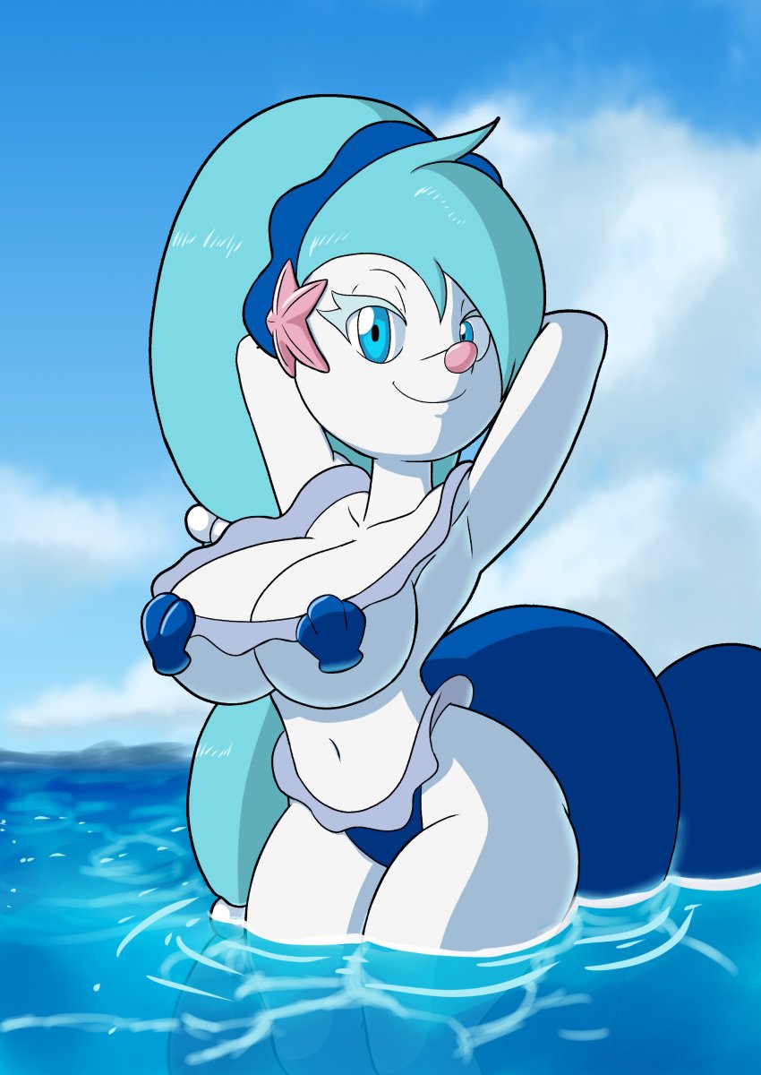 aqua_hair arms_behind_head beach bikini black_pupils blue_eyes blue_hair cleavage female large_breasts long_hair looking_at_viewer marine nintendo pokémon_(species) pokemon pokethot's pose primarina shell_bikini smile solo solo_female tagme tansau thick_thighs tortoisesensei water