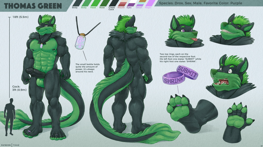 anthro black_body blep canid canine chart digit_ring digital_media_(artwork) dragon expression_sheet expressions faceless_character faceless_male feet fluffy fluffy_tail fox fur genitals green_body grin handpads handpaw height_chart hi_res human hybrid jewelry macro magic male mammal measurements micro model_sheet multicolored_body multicolored_fur multicolored_skin neck_tuft necklace nude palette pawpads paws penis power purple_eyes ring shrink size_difference smile solo standing standing_position surprised_expression text thaz_(artist) thomas_green toe_ring tongue tongue_out tuft two_tone_body two_tone_fur two_tone_skin two_tone_tail