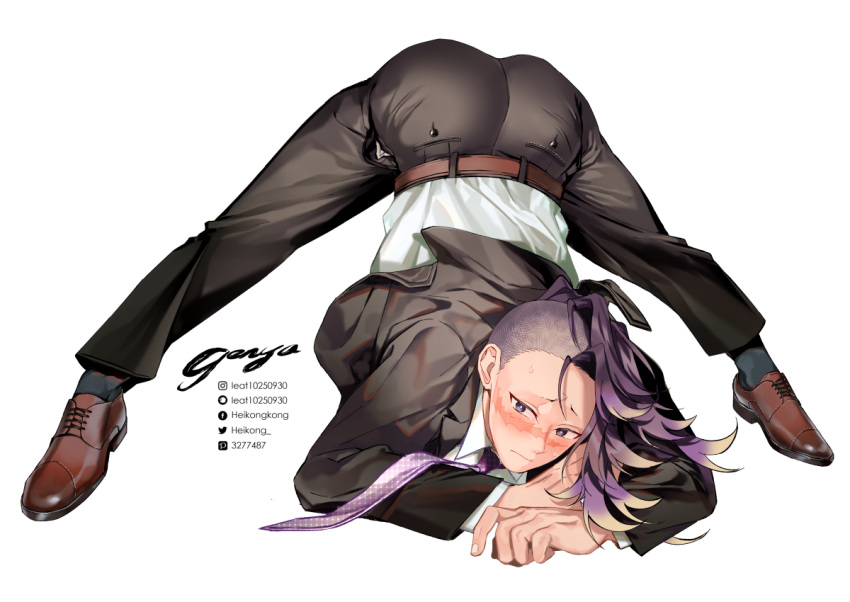 alternate_costume ass_up business_suit dark_hair demon_slayer facial_scar full_body fully_clothed genya_shinazugawa jack-o_pose jackochallenge kimetsu_no_yaiba male male_only mohawk necktie no_eyebrows scar shaved_side solo two_tone_hair