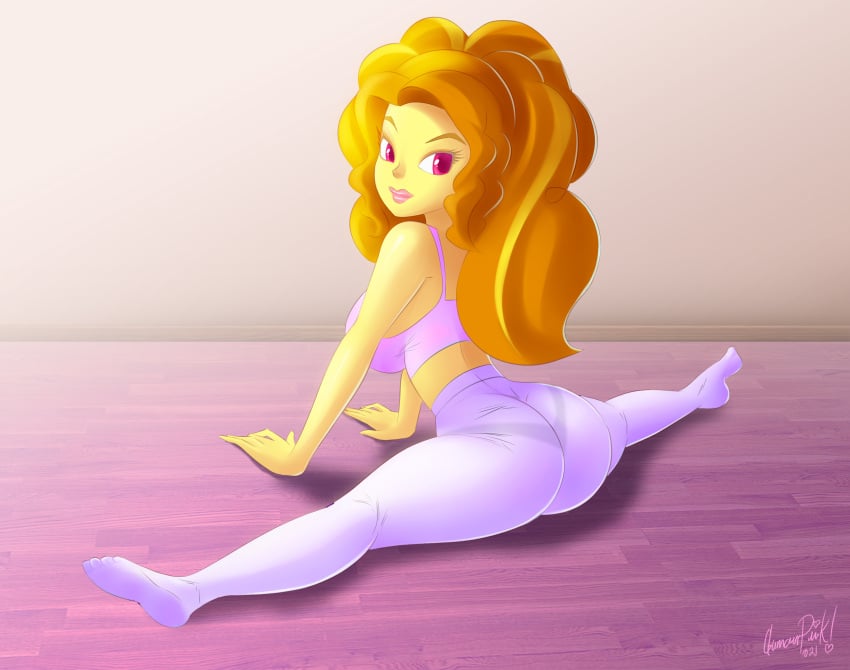 1girls adagio_dazzle ass breasts commission equestria_girls female flexible friendship_is_magic glamourpink hasbro hi_res highres looking_at_viewer looking_back my_little_pony solo solo_female splits sports_bra stocking_feet yoga_pants