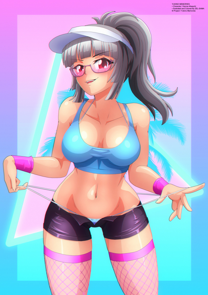 big_breasts crop_top female female_only fishnets glasses kanna_albeecht palm_tree panties ponytail tagme vaporwave white_hair workout yukino_memories zel-sama