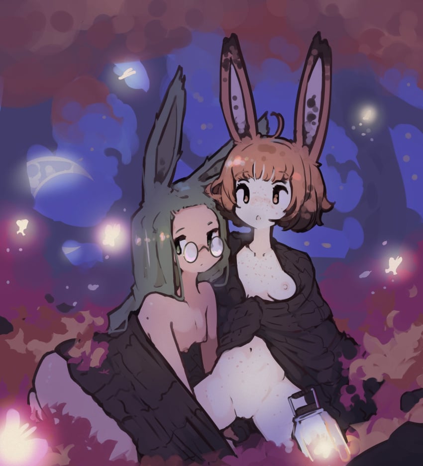 2girls breasts bunny_ears bunny_girl female_only forest functionally_nude functionally_nude_female glasses green_eyes green_hair looking_at_viewer matcha_rollcake_(zako_sketch) multiple_girls night orange_eyes orange_hair original pale-skinned_female pale_skin partially_clothed pumpkin_spice_(zako_sketch) pussy small_breasts trees zako zako_sketch